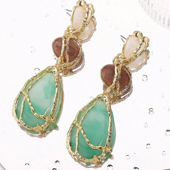 Women's Boho Statement Resin Stone Long Dangle Earrings - Picture 2 of 4